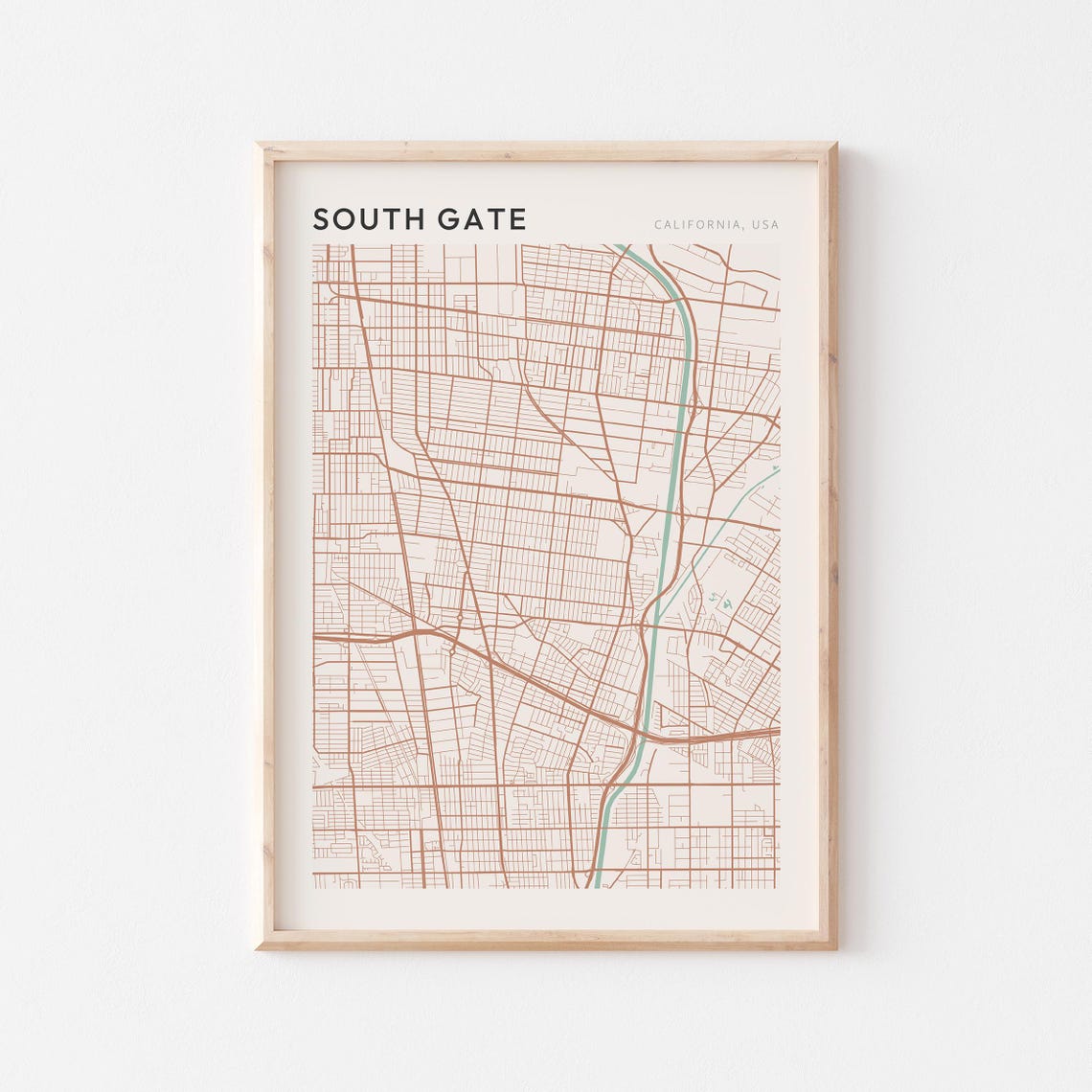South Gate California Minimalist City Street Map Wall Decor Poster