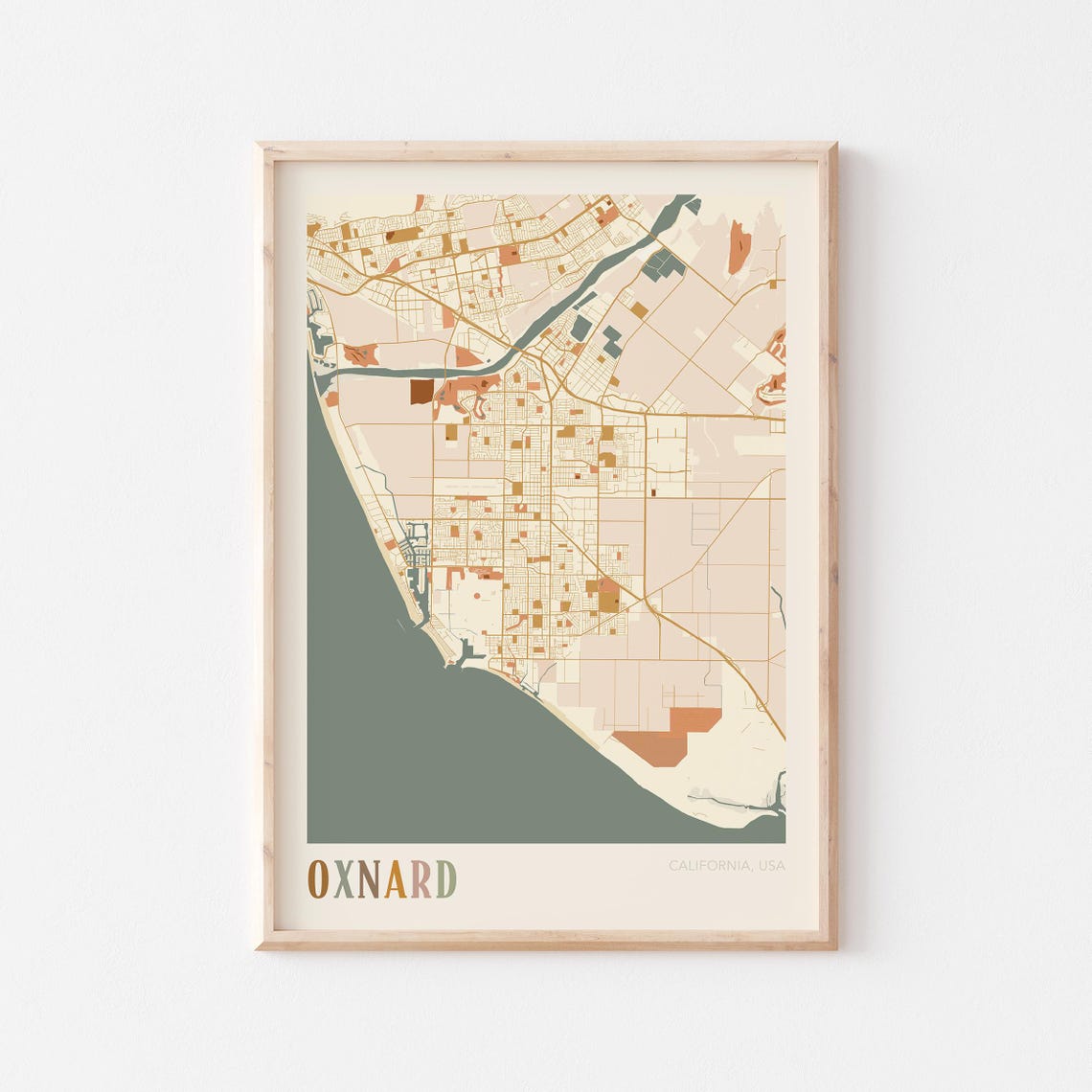 Oxnard California Warm Earth Tone City Street Map Art Decor Poster
