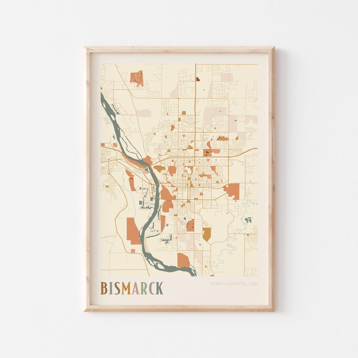 Bismarck North Dakota Vintage Boho Style City Street Map Poster