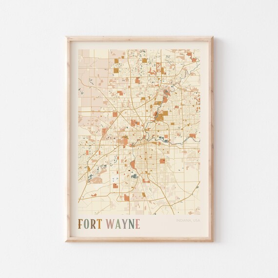 Fort Wayne Indiana Colorful Vintage City Map Cartography Poster