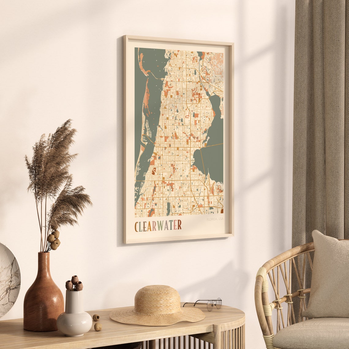 Clearwater Florida Colorful Retro Warm Tone Coastal City Map Poster - Image 3