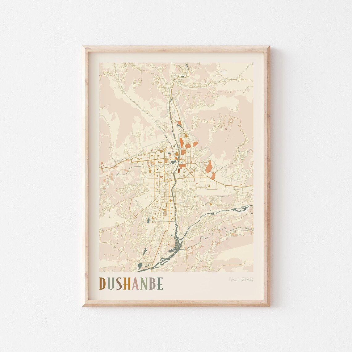 Dushanbe Map Poster Print Wall Art Tajikistan Travel Gift Boho