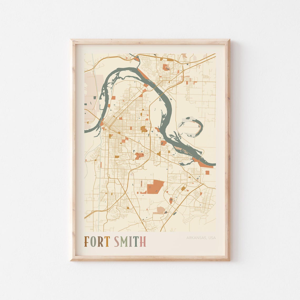 Fort Smith Arkansas Warm Earth Tone City Street Map Art Decor Poster