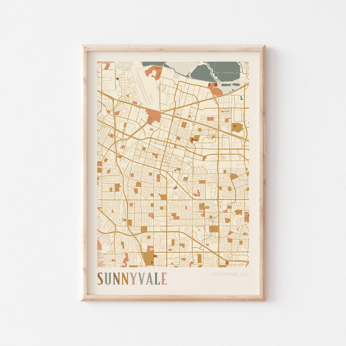 Sunnyvale California Warm Tones City Map Poster for Living Room Decor