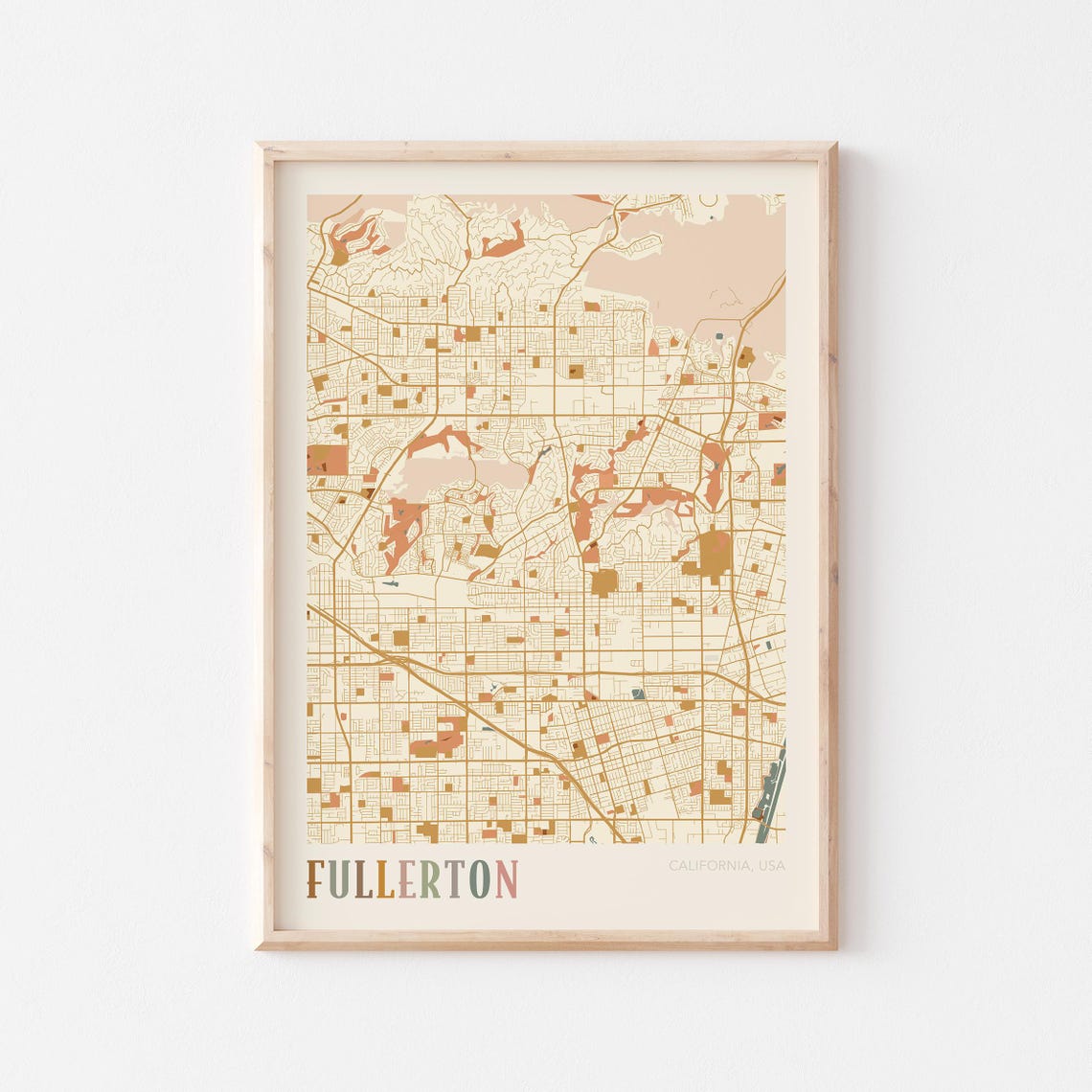 Fullerton California Warm Tones City Map Poster for Living Room Decor