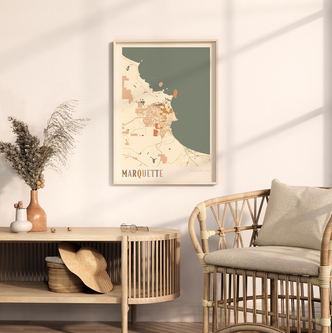 Marquette Michigan Retro Warm Earth Tone Vintage City Street Map Poster - Image 2