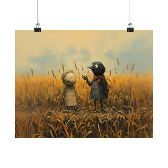 Crow And Scarecrow Chatting In A Golden Wheat Field Art Print