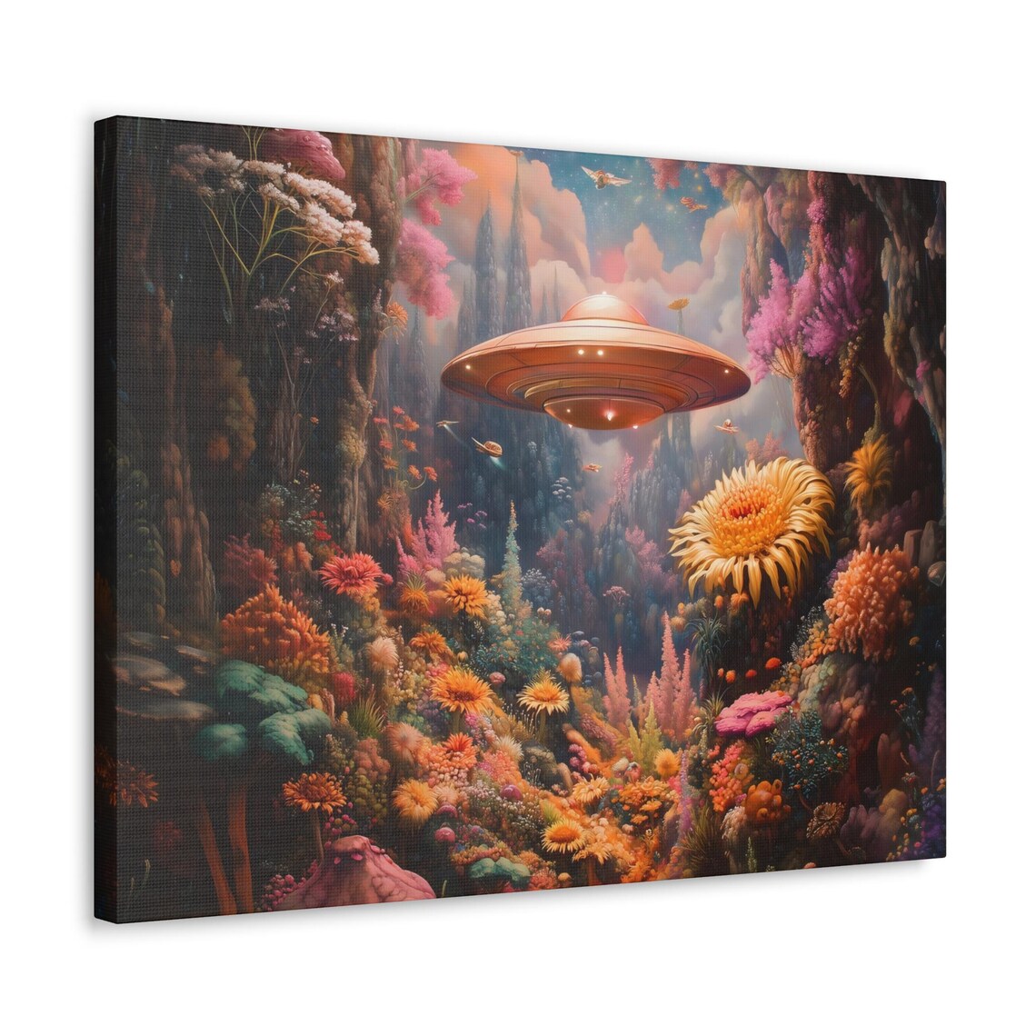 Flying Saucer Above Colorful Alien Flower Valley at Dusk Poster