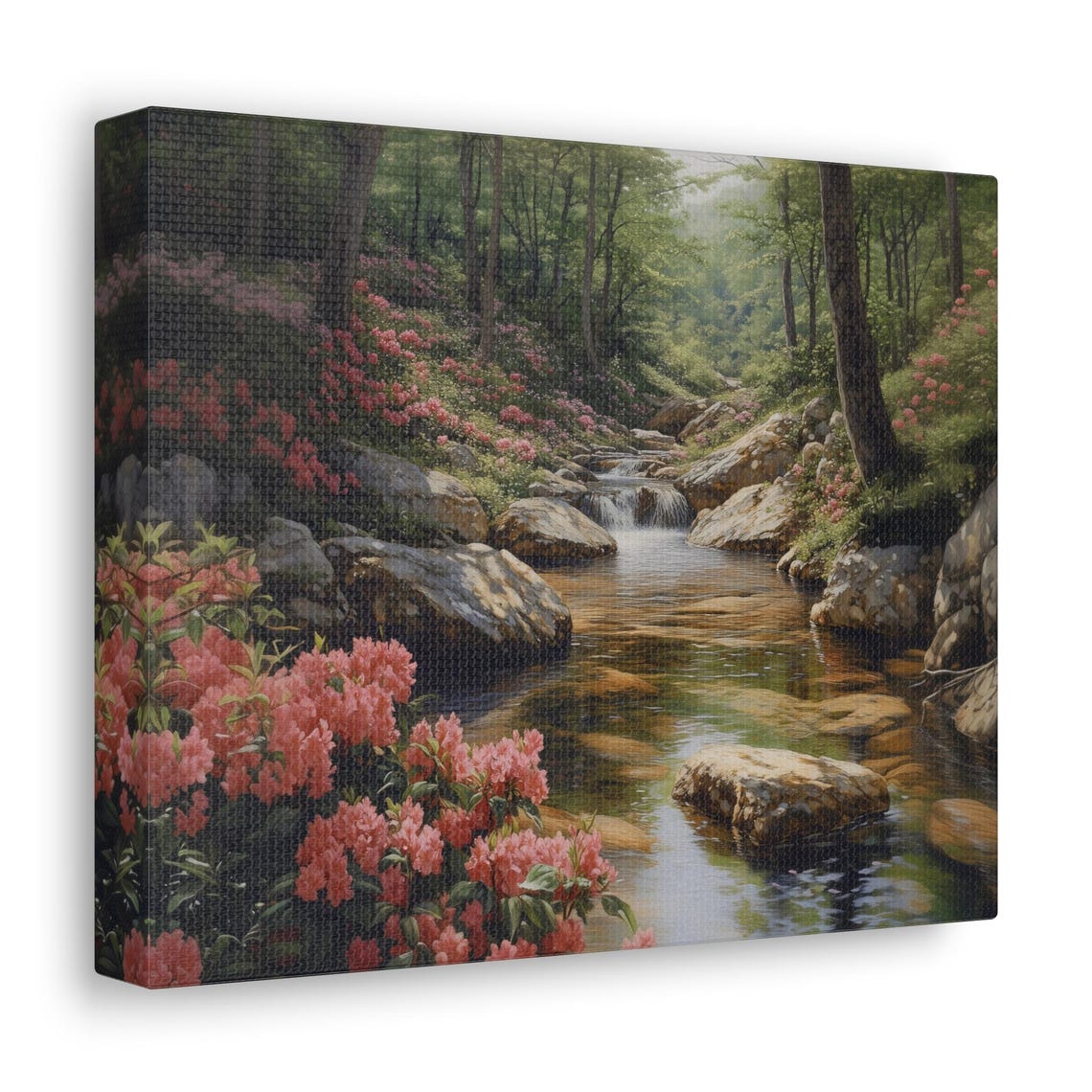 Pink Blossom Forest Stream Waterfall Peaceful Nature Wall Art - Image 3