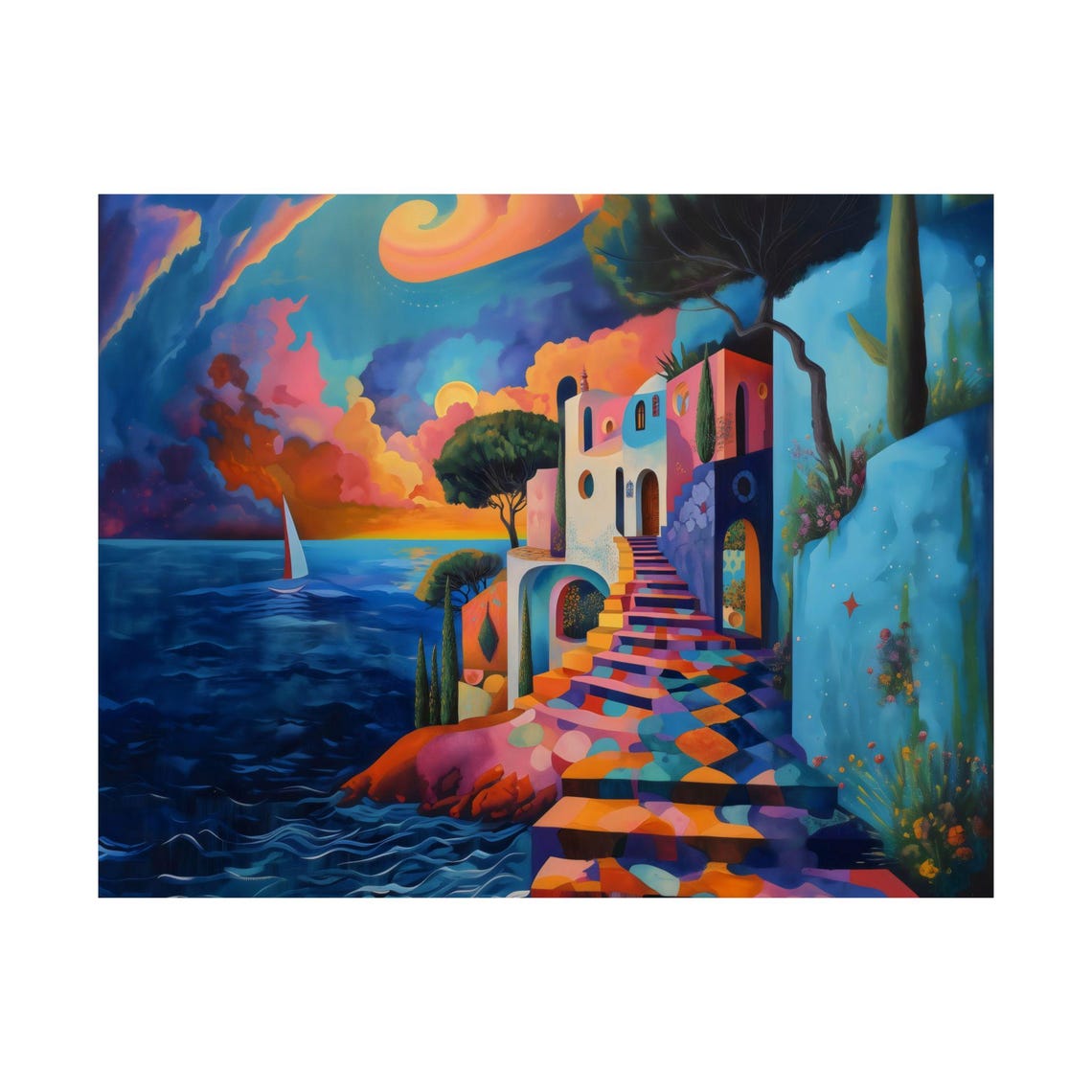Colorful Coastal Village Steps Above The Sea At Sunset Poster - Image 3