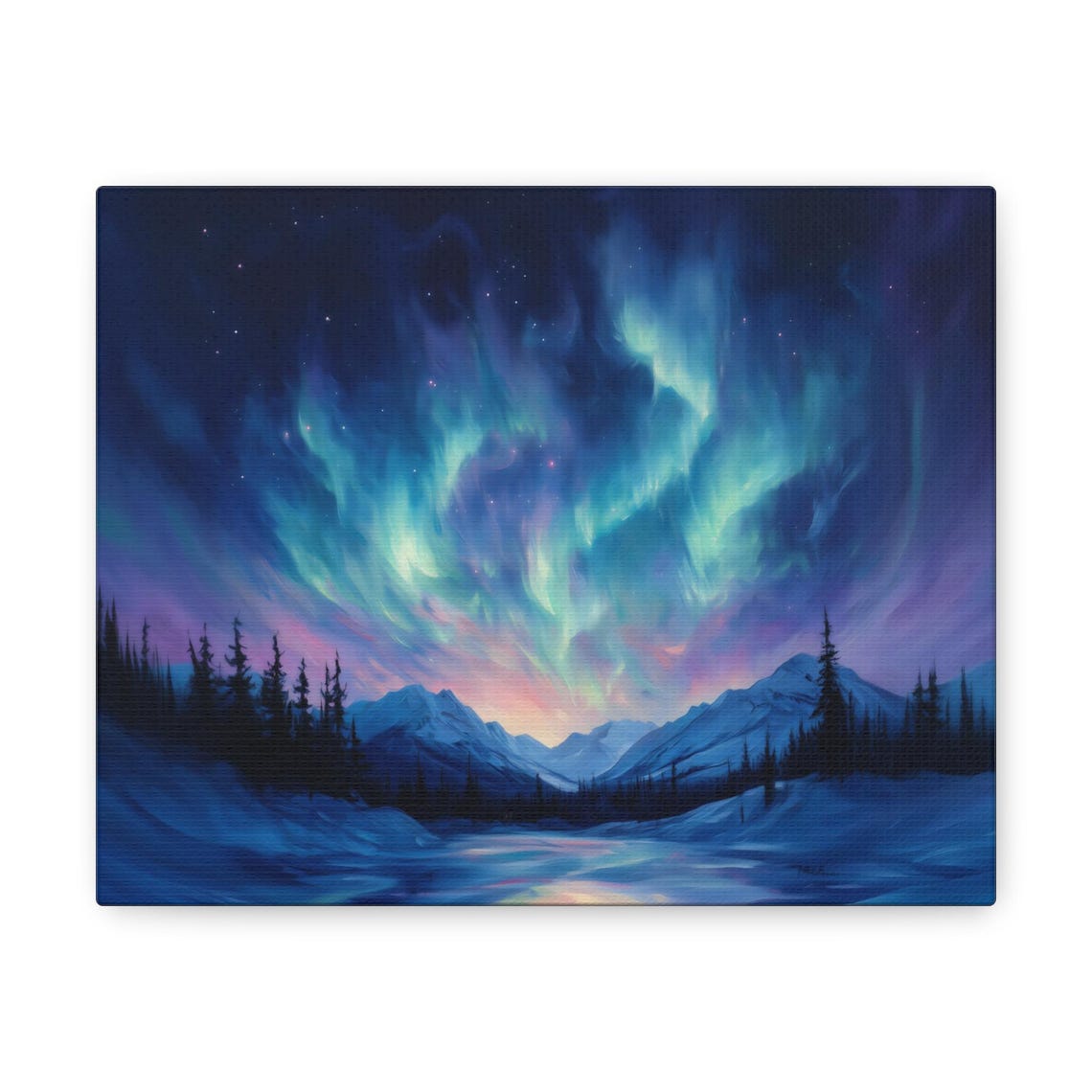 Aurora Borealis Dancing Over Snowy Pines and Mountain Lake Print - Image 3