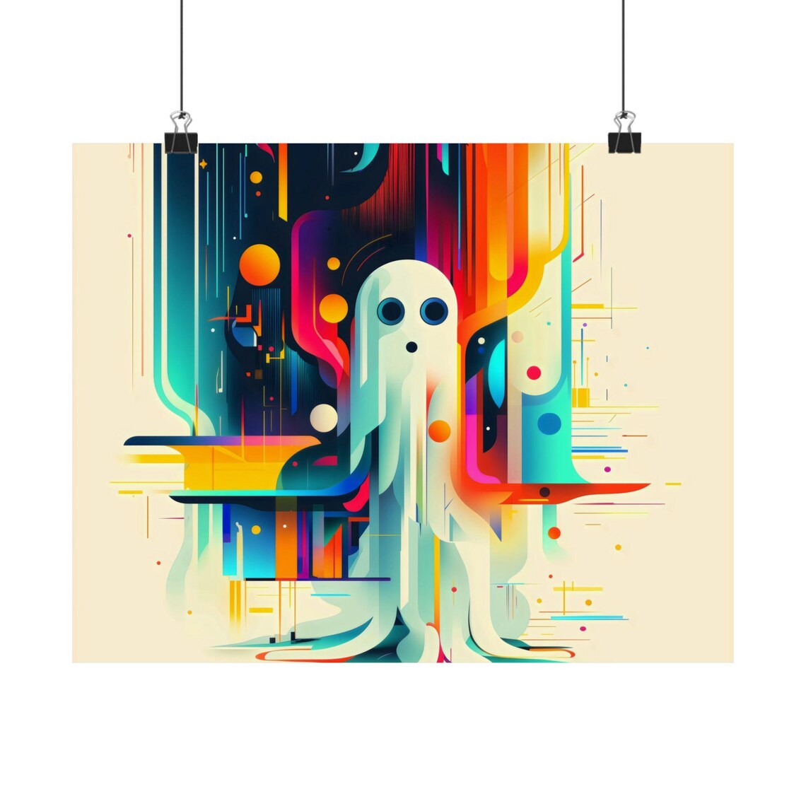 Geometric Ghost Neon City Night Abstract Colorful Halloween Minimalist Wall Art