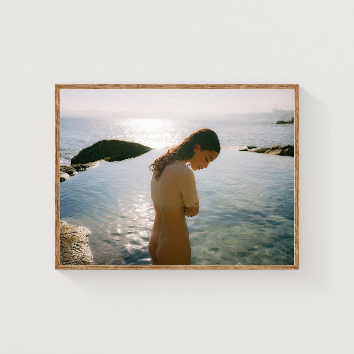 Woman Natural Ocean Tide Pool Soft Morning Light Seaside Art Poster