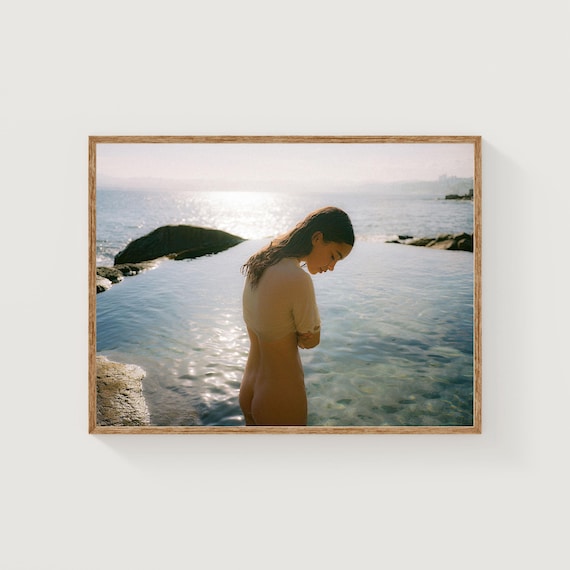 Woman Natural Ocean Tide Pool Soft Morning Light Seaside Art Poster