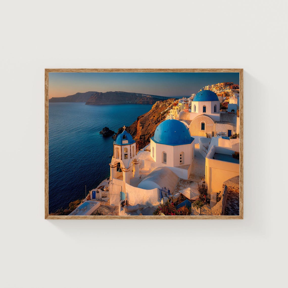 Santorini Greece Blue Dome Churches Oia Sunset Aegean Sea Photo Poster