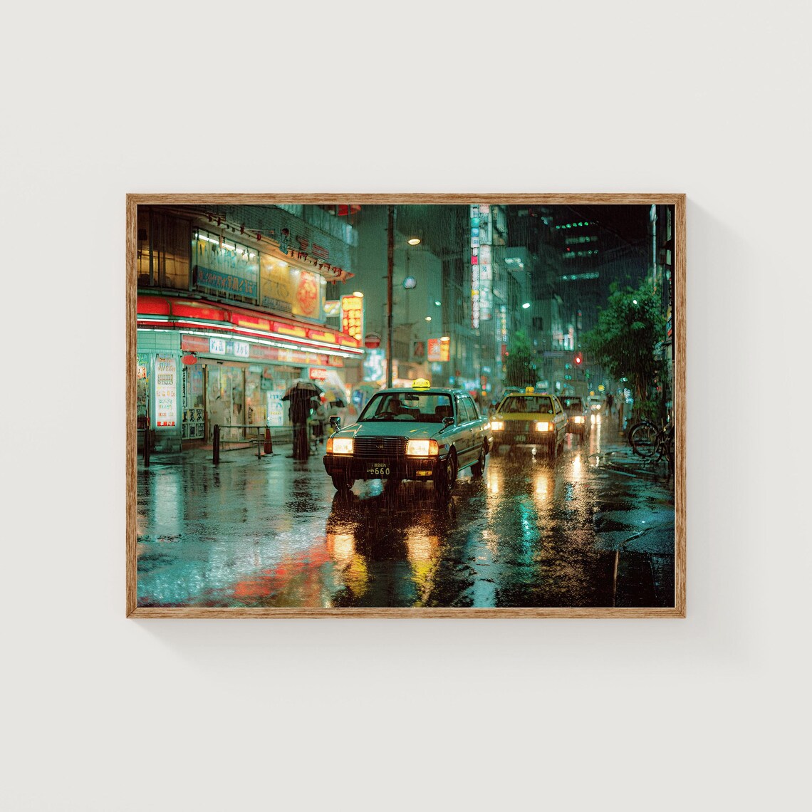 Tokyo Rainy Night Neon Street Taxi Retro City Photography Poster