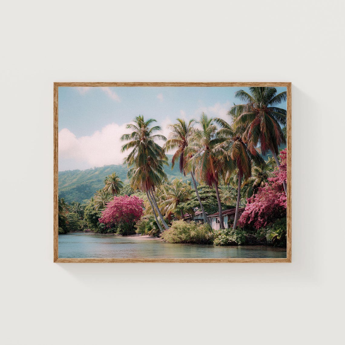 Tahiti Palm Trees Pink Blossom Lagoon Tropical Photography Poster