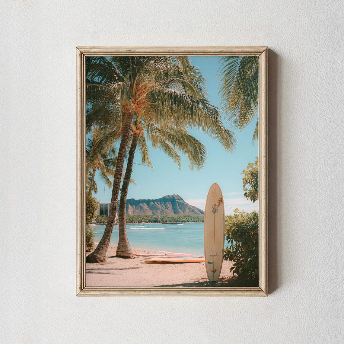 Waikiki Surfboard Palm Trees Diamond Head Beach Travel Poster