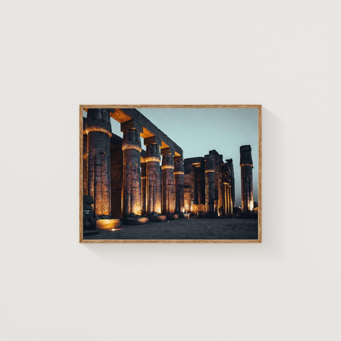 Illuminated Ancient Egyptian Temple Colonnade at Night Photo Poster