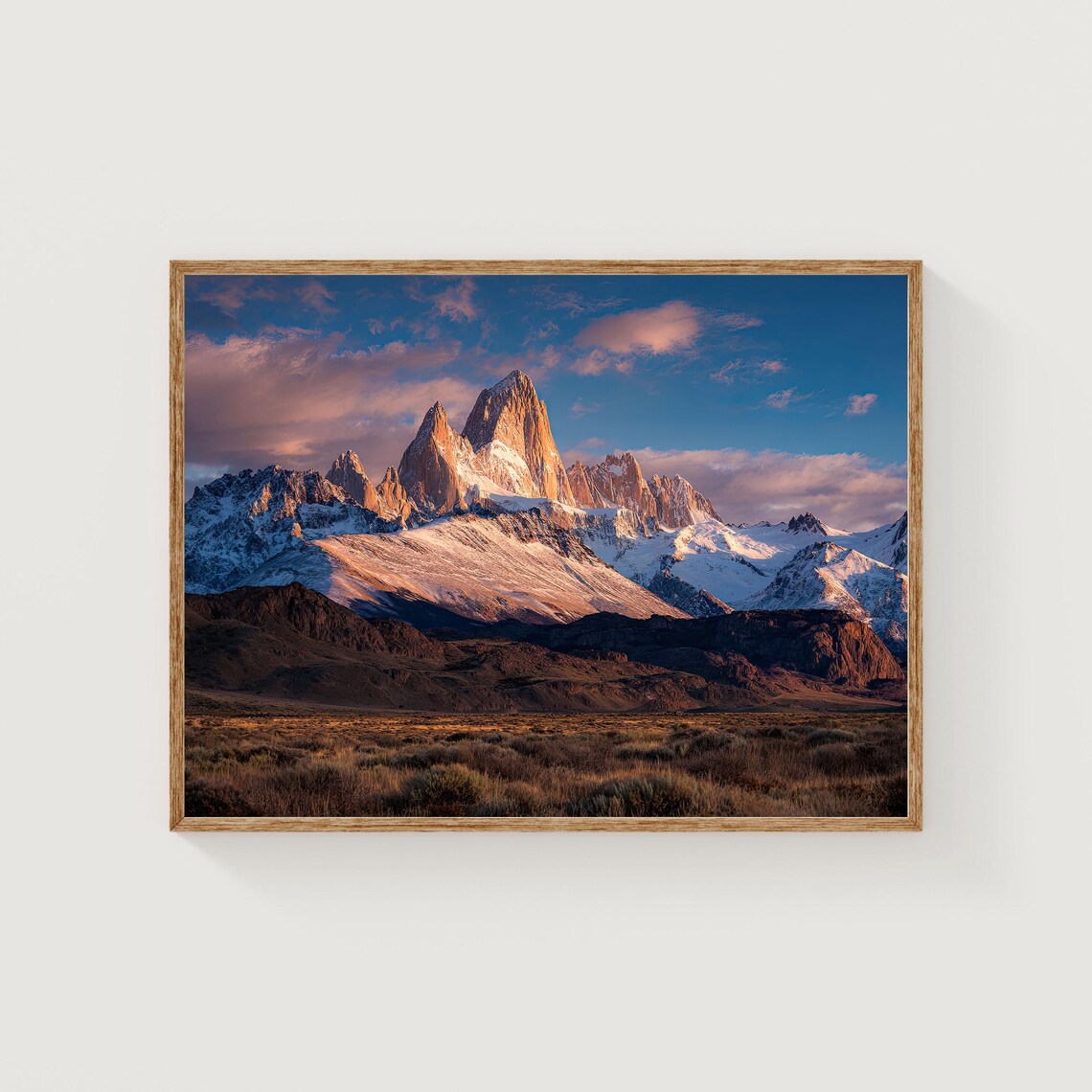 Fitz Roy Golden Sunrise Snowy Peaks Patagonia Nature Photo Poster