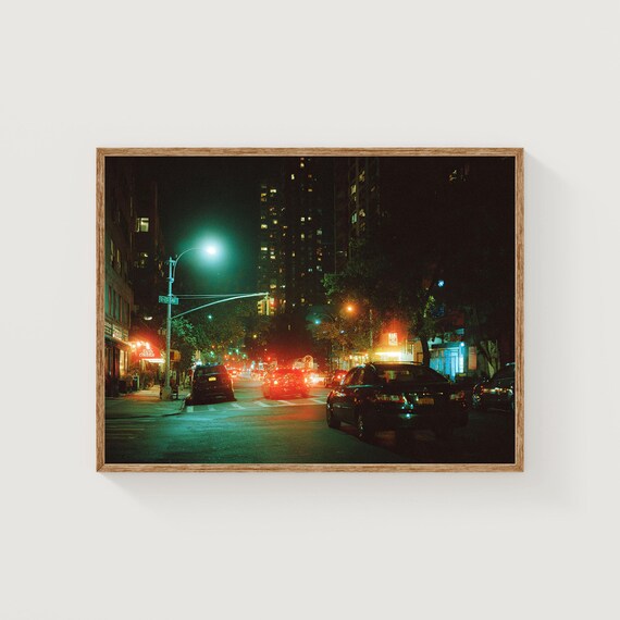 New York City Night Street Neon Photography Print for Urban Decor