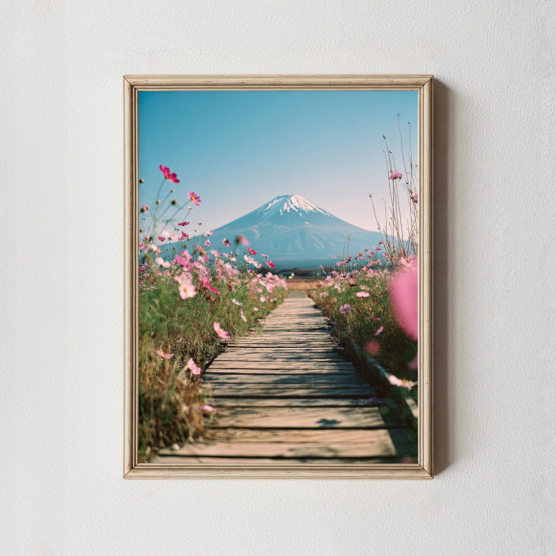 Mount Fuji Flower Field Photography Print Wooden Path Blossom Art