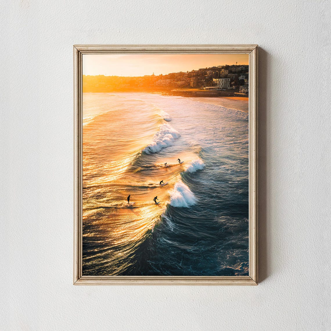 Surfers Riding Golden Sunset Waves Aerial Beach Photo Poster
