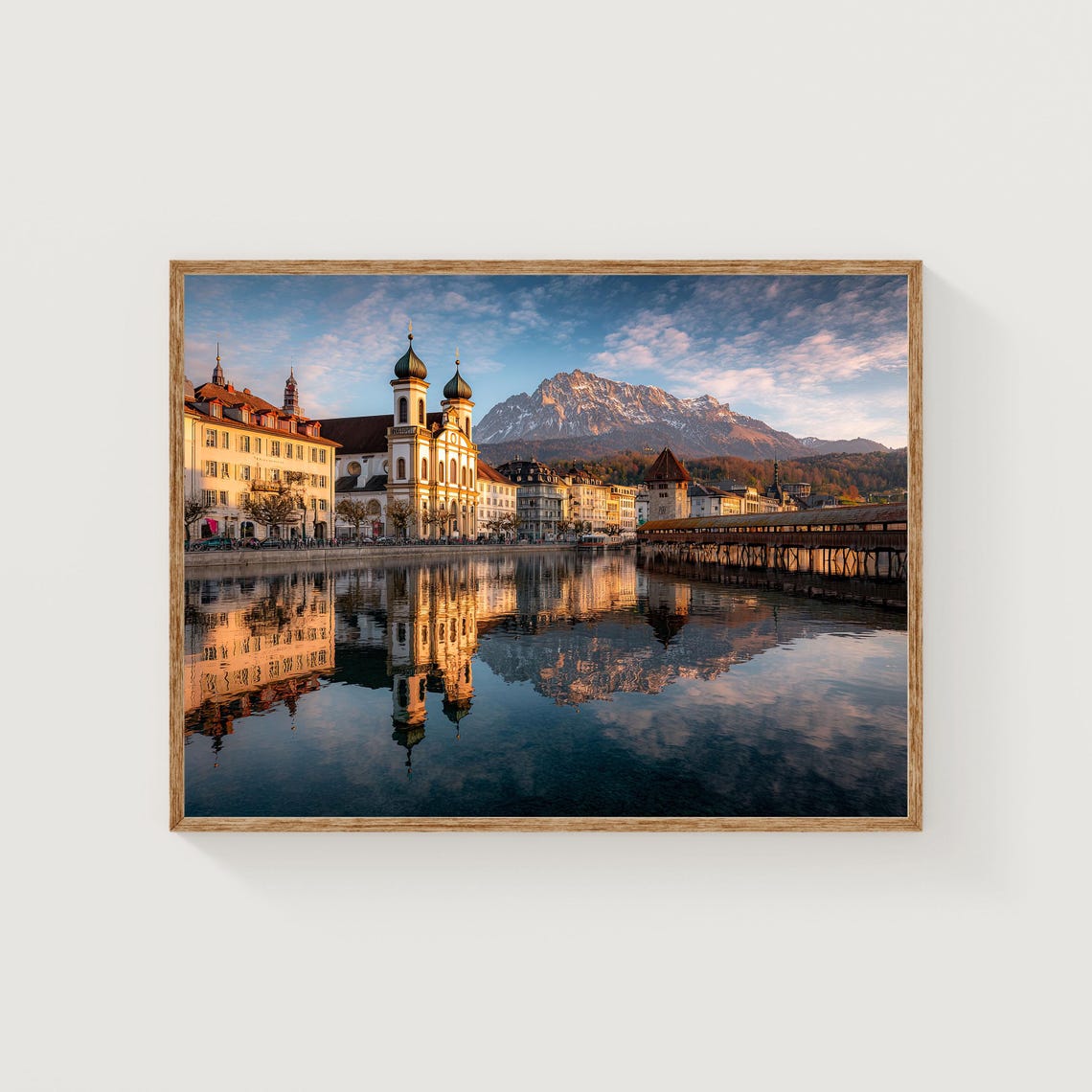 Lucerne Chapel Bridge Lake Sunrise Mountain Reflection Poster