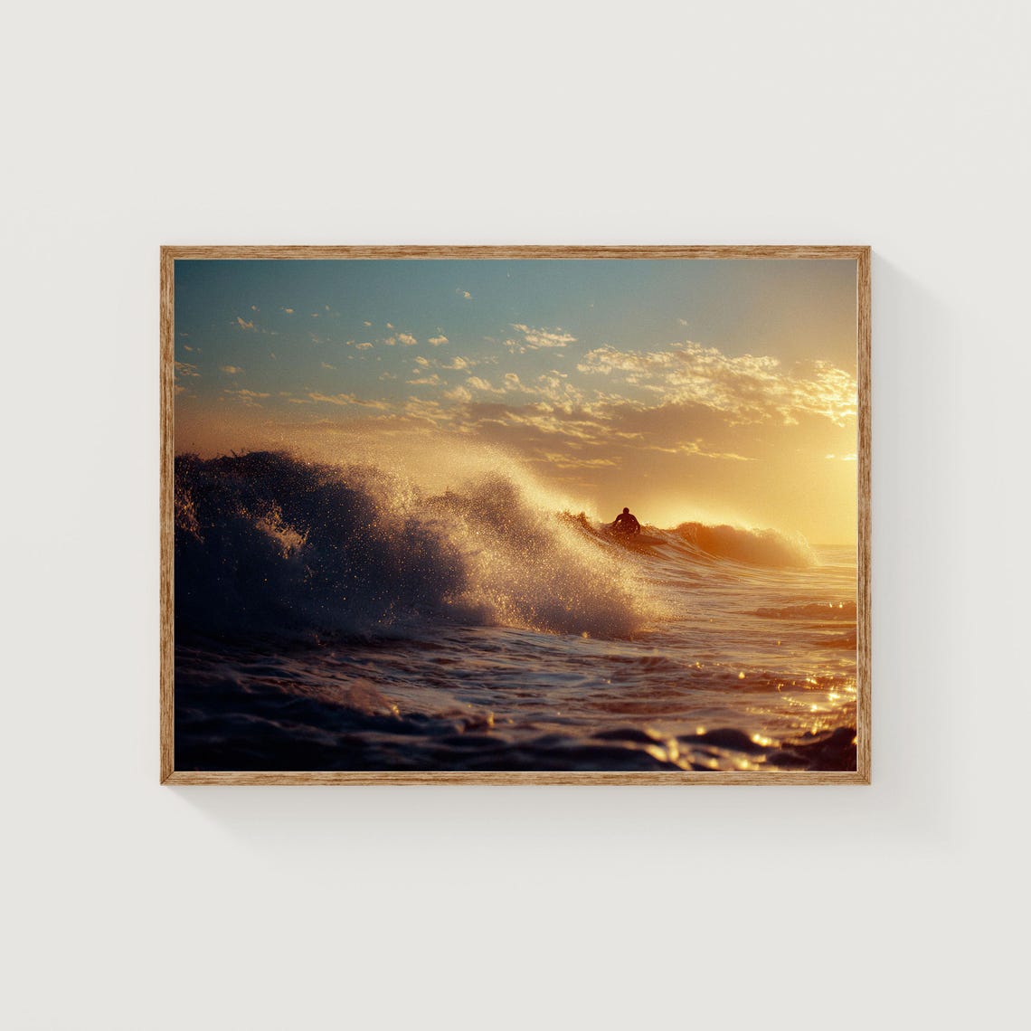 Surfer Riding Golden Sunset Wave Ocean Spray Summer Surf Poster