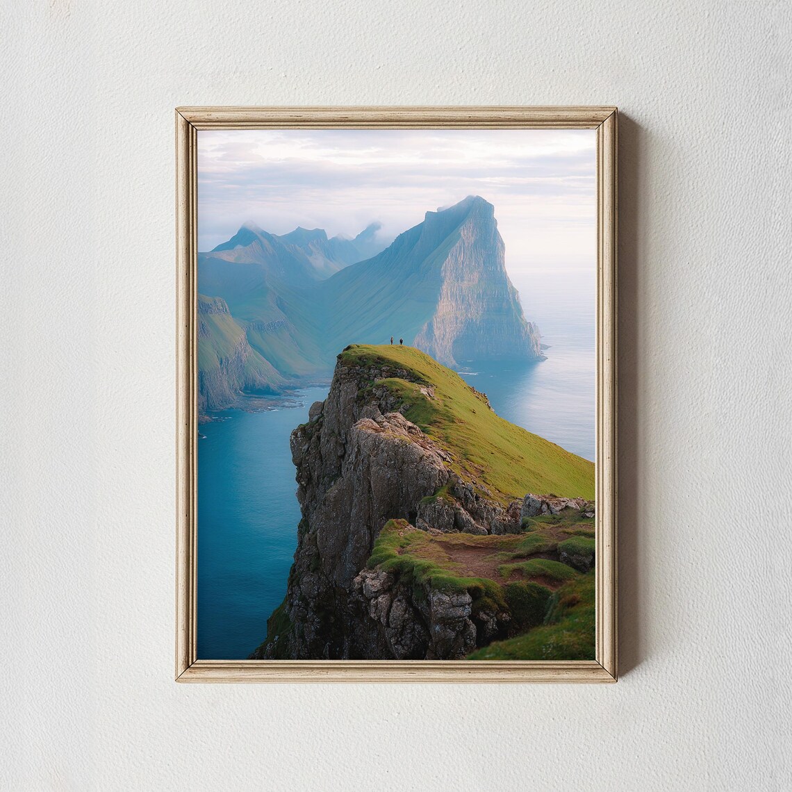 Faroe Islands Sea Cliff Hikers Misty Nordic Adventure Photography Poster