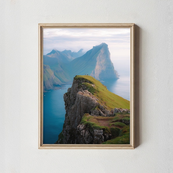 Faroe Islands Sea Cliff Hikers Misty Nordic Adventure Photography Poster