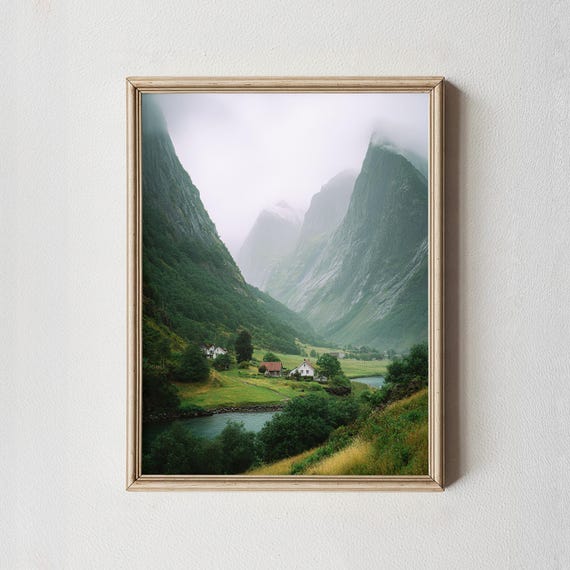 Misty Mountain Valley Print Nordic Landscape Wall Art Nature Home Decor Poster