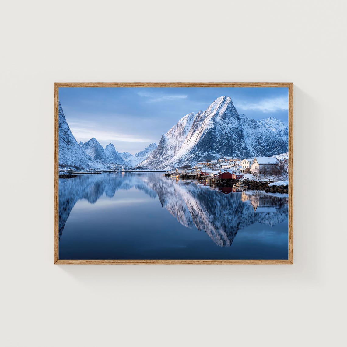 Snowy Arctic Fjord Village Mirror Reflection Winter Landscape Poster