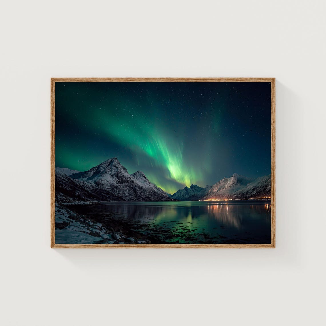 Aurora Borealis Snowy Mountains Lake Reflection Night Poster