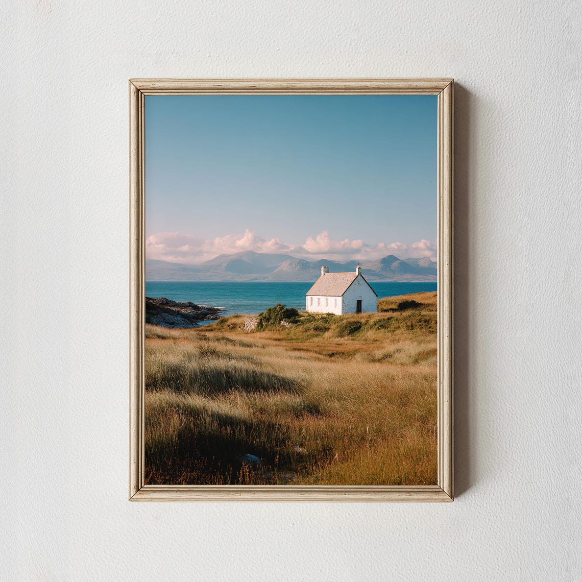 Nordic Coastal Cottage White House Sea Grass Field Minimal Print