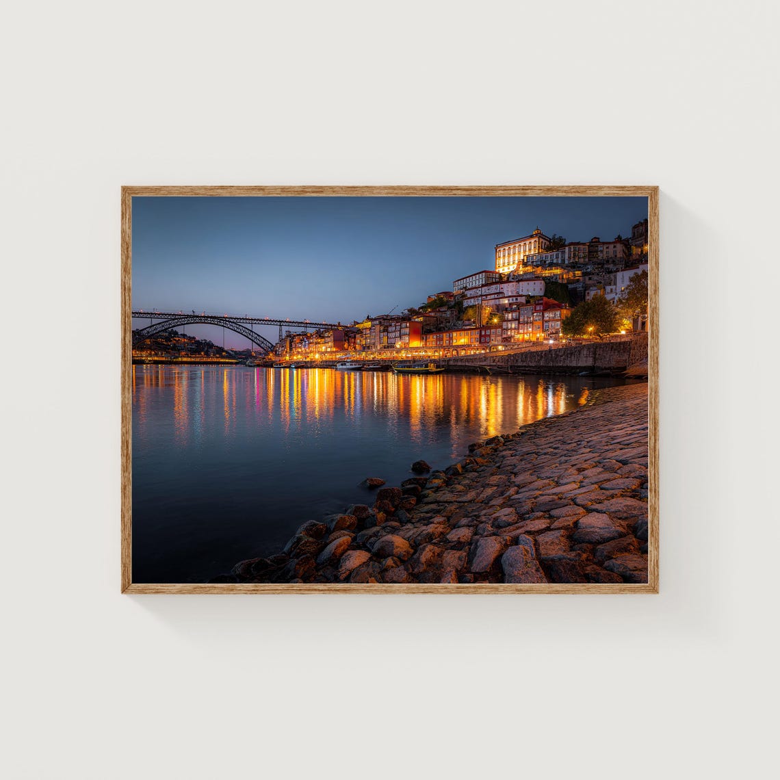 Porto Portugal Night Skyline Douro River Bridge Lights Photo Poster
