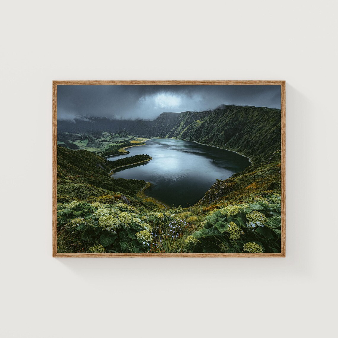 Misty Volcanic Crater Lake Stormy Sky Lush Green Hills Photo Poster