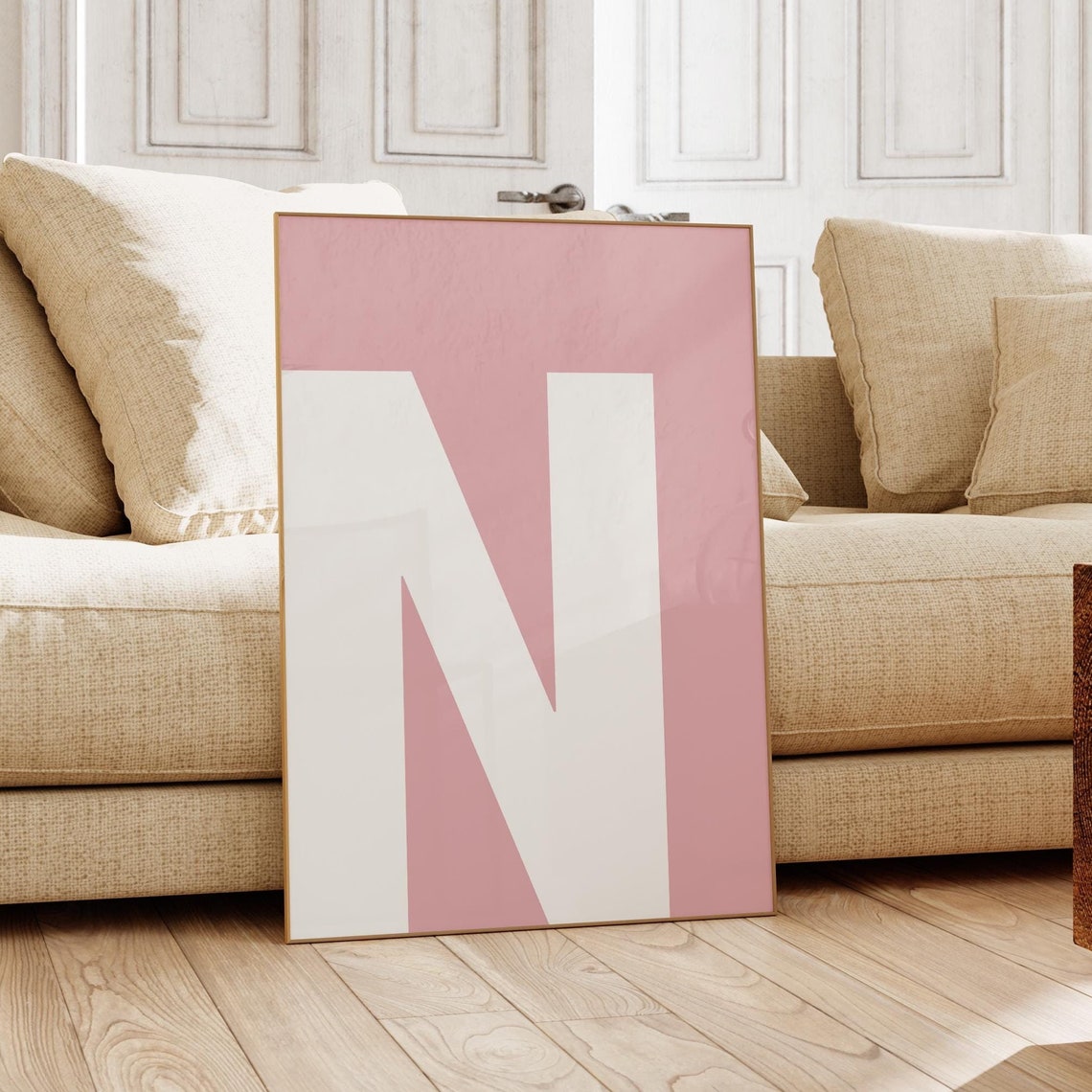 Giant White Letter N on Pink Minimalist Monogram Initial Art Poster