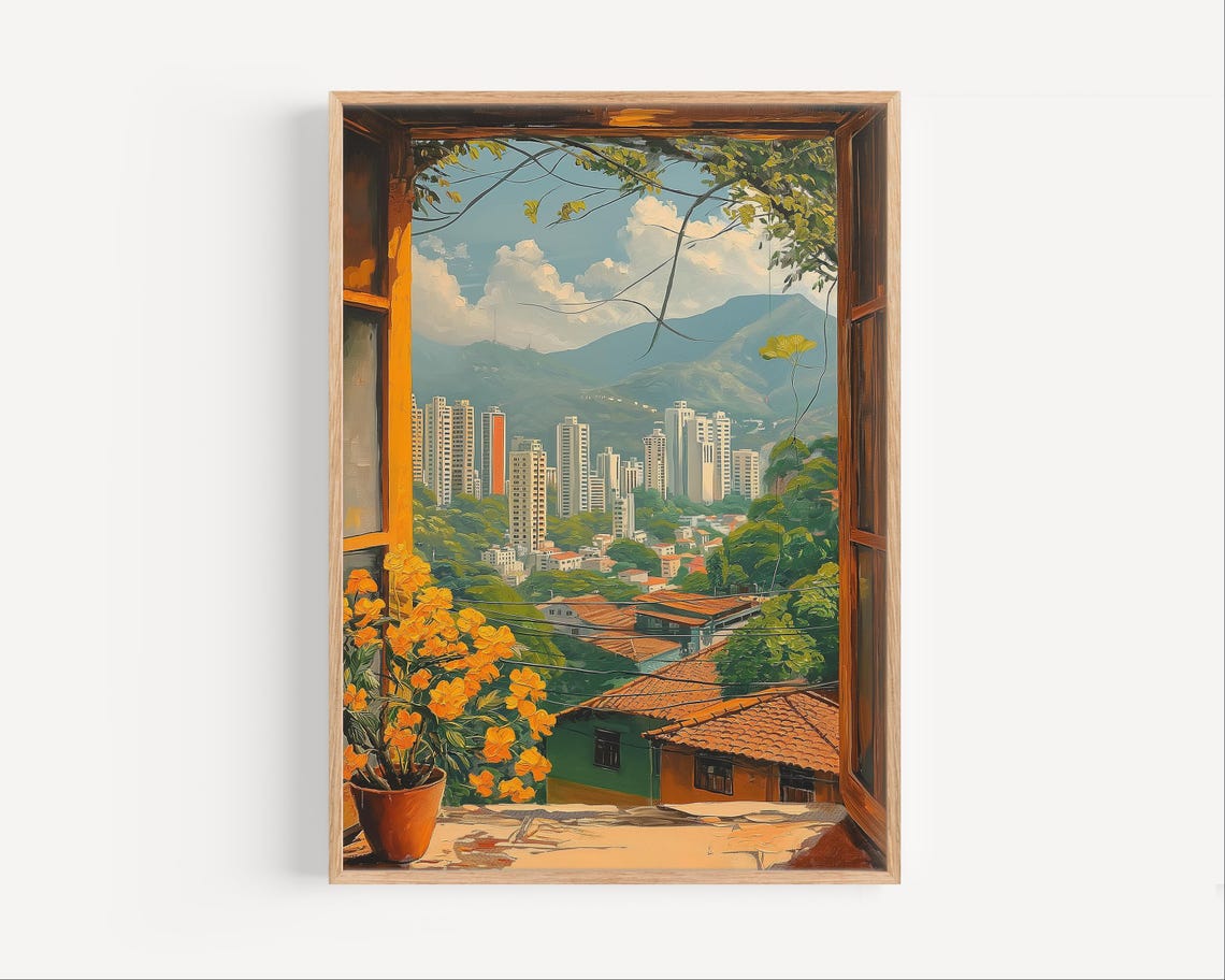Open Window View City Skyline Mountains Flowers Painting Poster