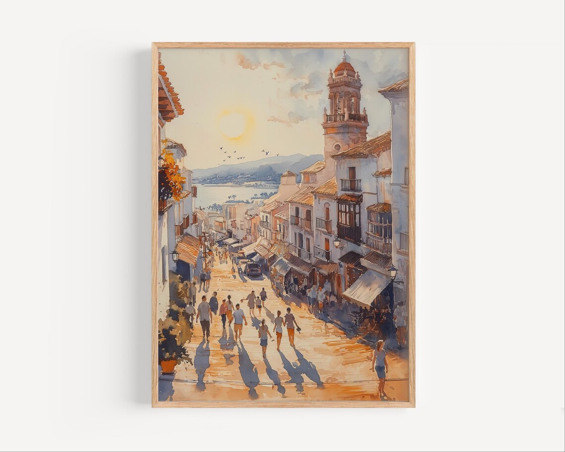 Estepona Spain Old Town Street Church Tower Sunset Watercolor Poster