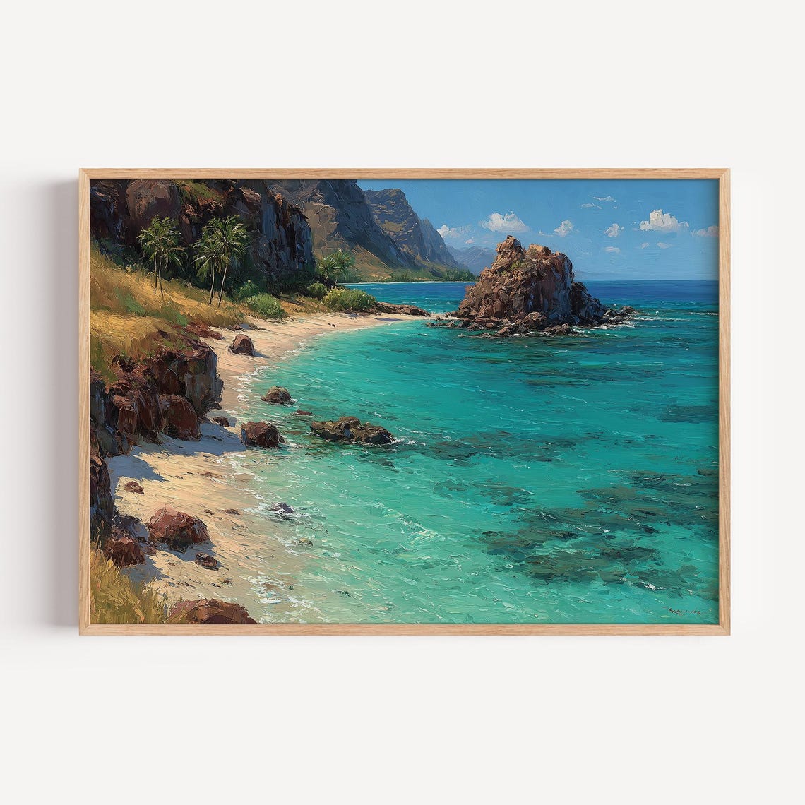 Hawaiian Beach Turquoise Ocean Rocky Coastline Oil Painting Wall Art