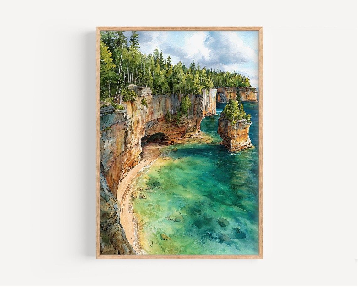 Sea Cliff Cove Watercolor Turquoise Water Coastal Nature Painting Poster