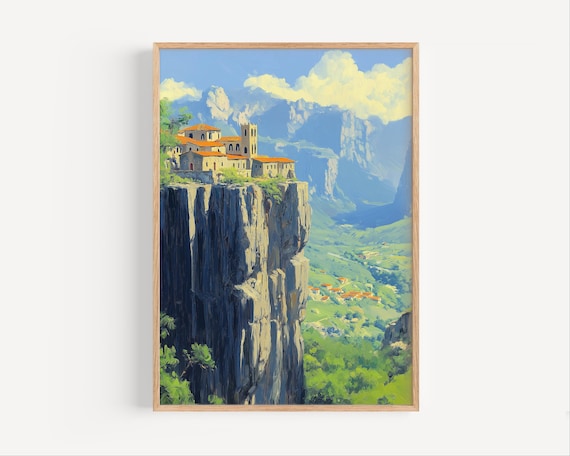 Meteora Greece Monastery Cliff Top Dramatic Mountain Art Poster