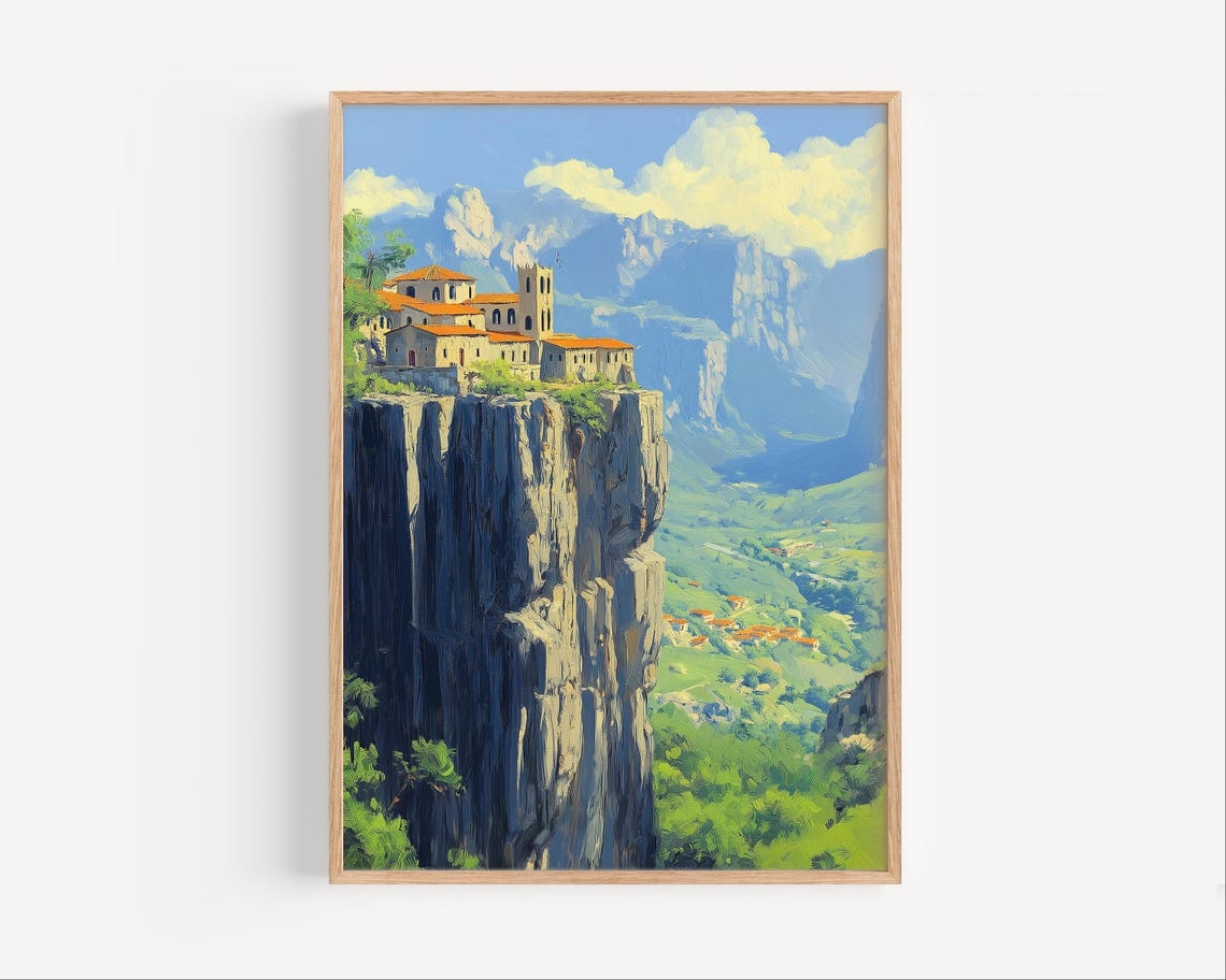 Meteora Greece Monastery Cliff Top Dramatic Mountain Art Poster