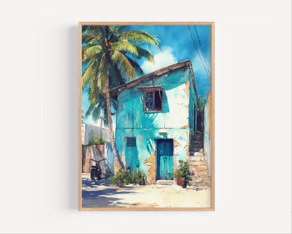 House In Mexico City Watercolor Painting Print Street Poster Or Canvas Mexican Wall Art Gift Travel Decor