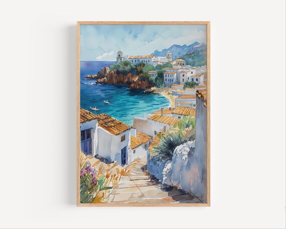 Ibiza Spain Whitewashed Cliffside Village Sunny Watercolor Poster