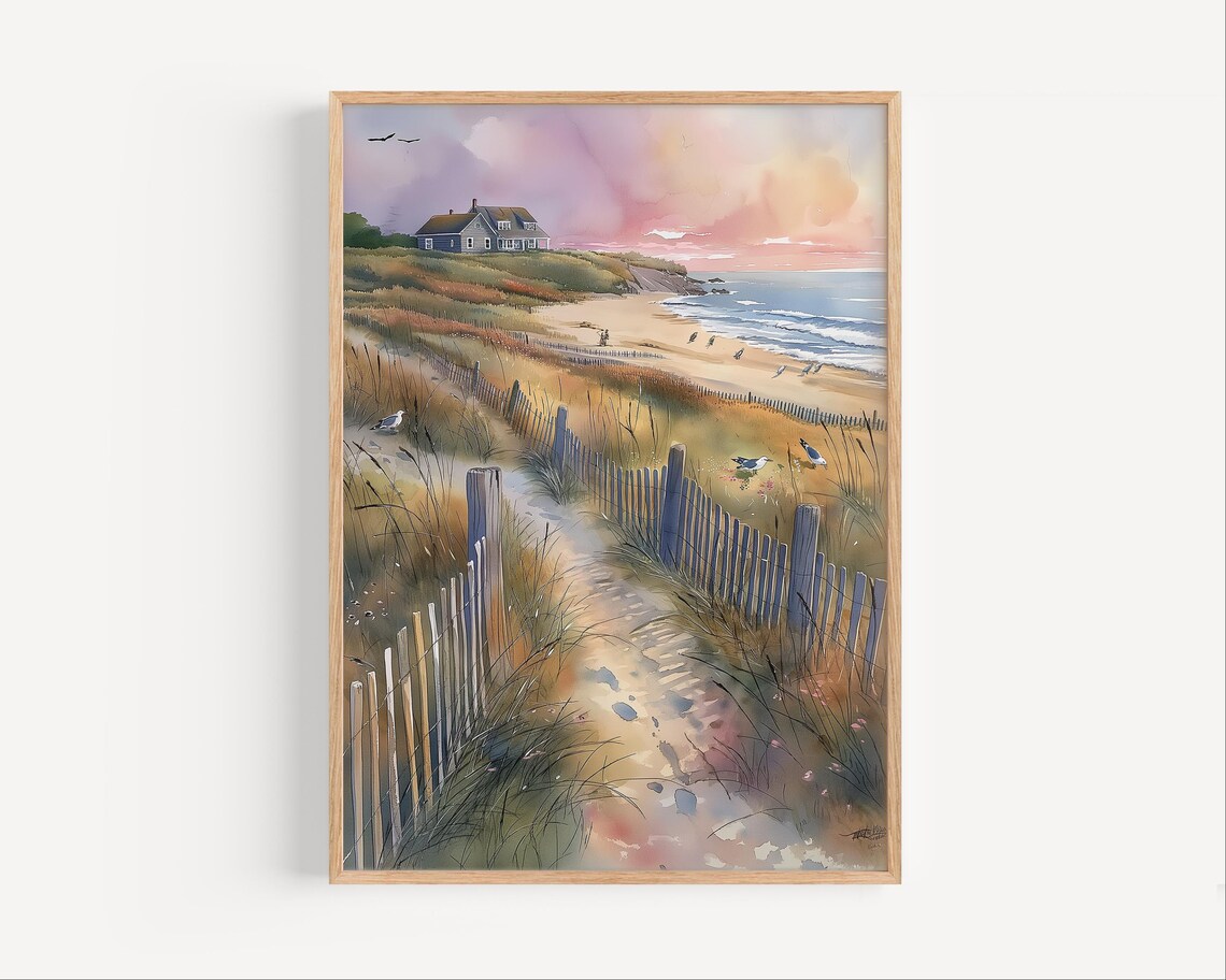 Beach Dune Path Wooden Fence Pink Sunset Watercolor Coastal Poster