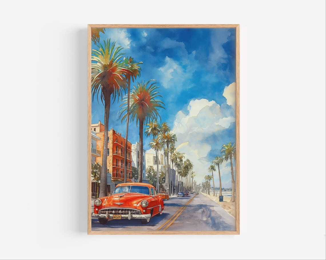 San Francisco 1950s Waterfront Classic Car Palms Retro Travel Art Poster