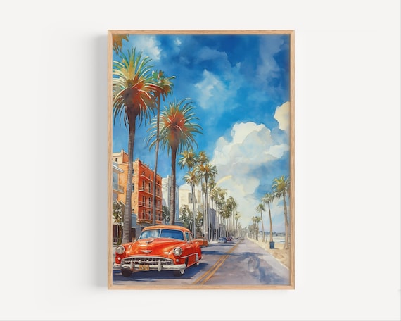 San Francisco 1950s Waterfront Classic Car Palms Retro Travel Art Poster