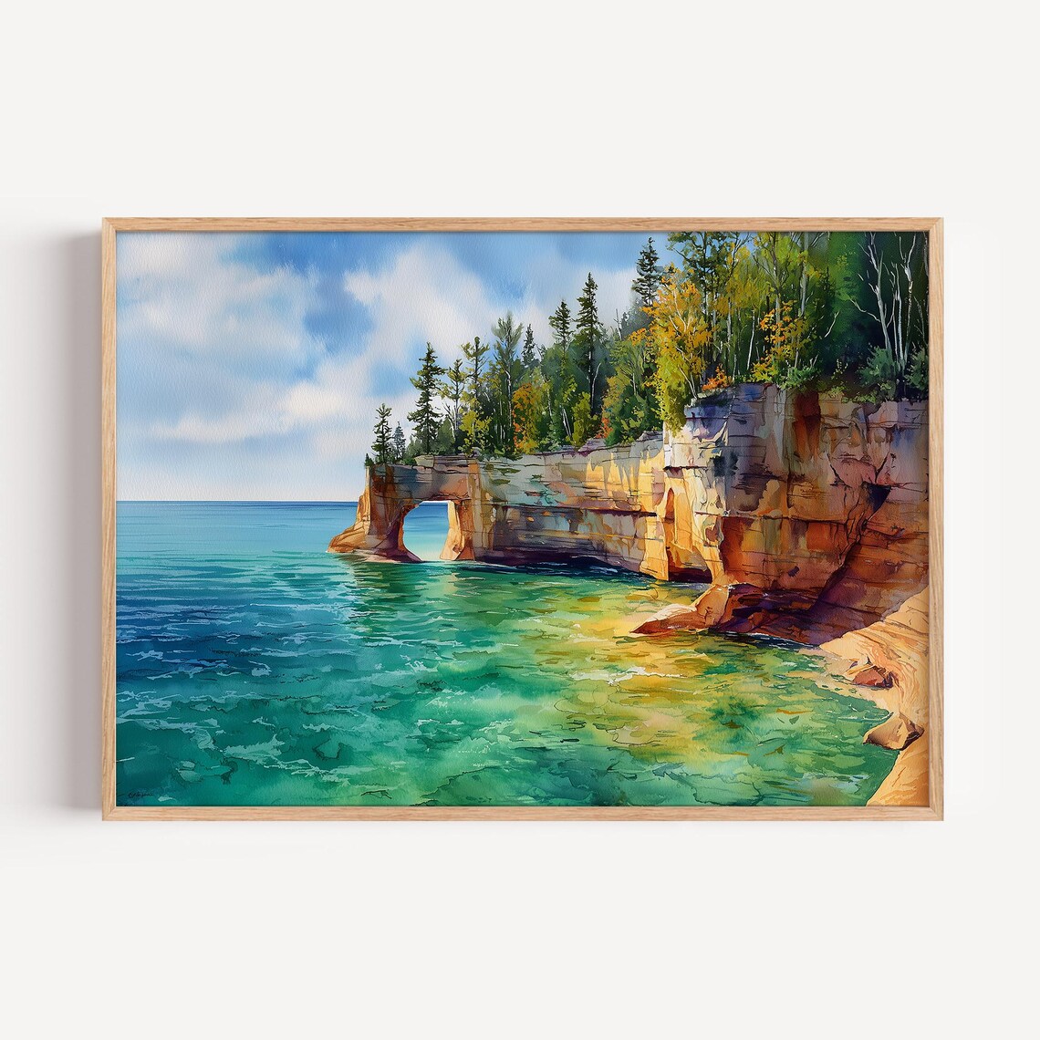 Pictured Rocks Watercolor Landscape Poster, Lake Michigan